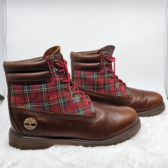 Timberland sugar & spice red plaid leather hiking boots Size 9.5 - Picture 6 of 12
